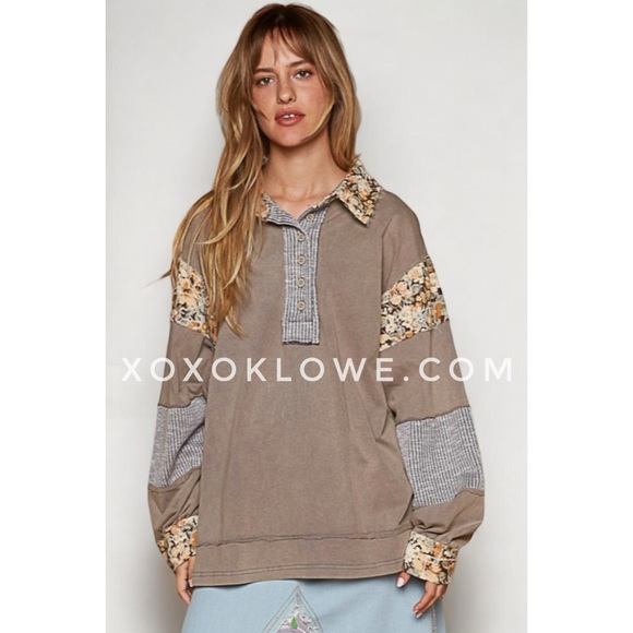 POL Grey Floral Contrast Half Button Oversized Top - Picture 3 of 7